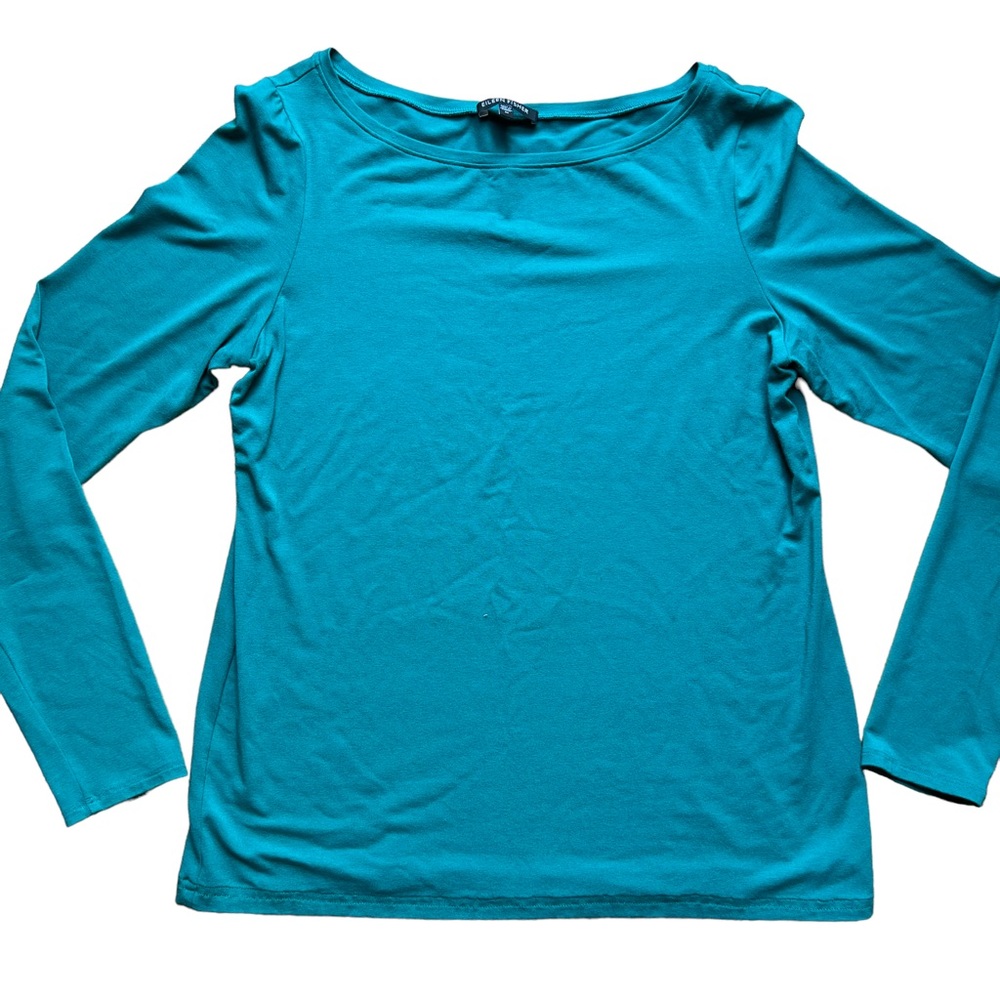 EILEEN FISHER Top - Blue Rayon/Lycra Knit Long Sleeve Pullover, Medium